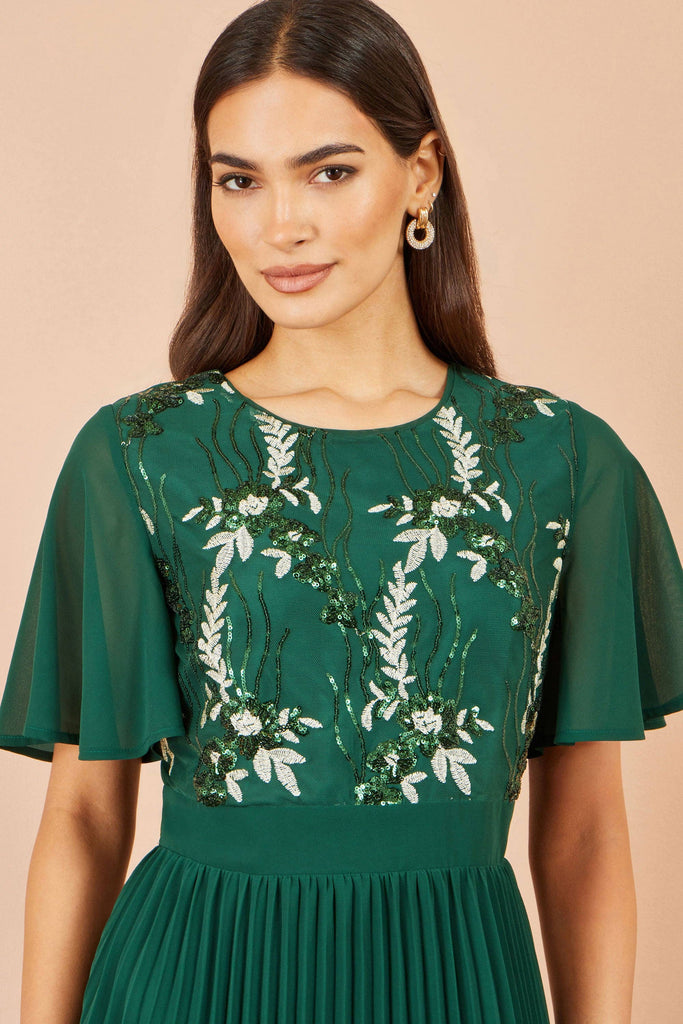Green Sequin Embroidered Pleated Dress