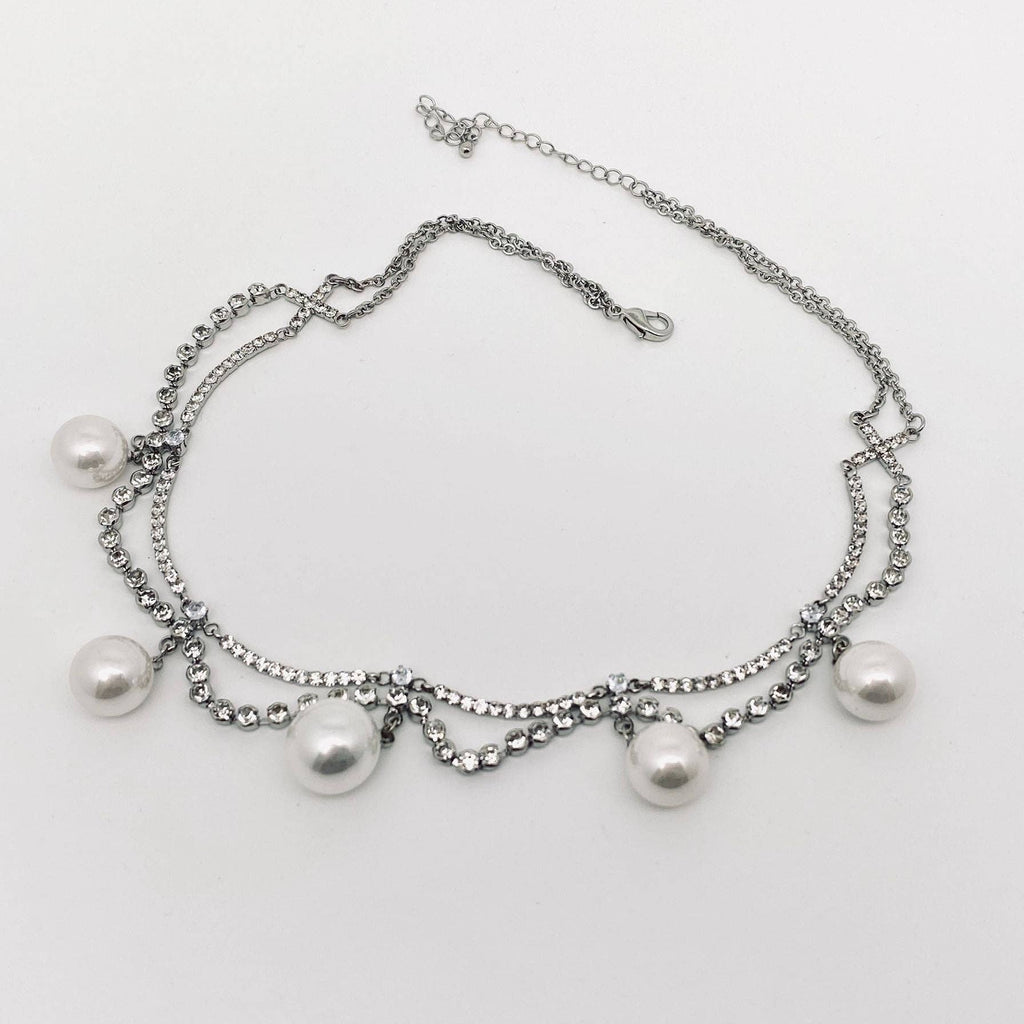 Pearl Pendant Inlaid Rhinestone Double Chain Choker Necklace