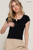 Lace Up Waffle Knit Tee-Black