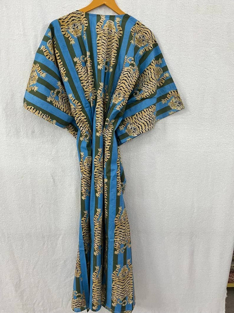 Leopard Print Cotton Caftan: Blue