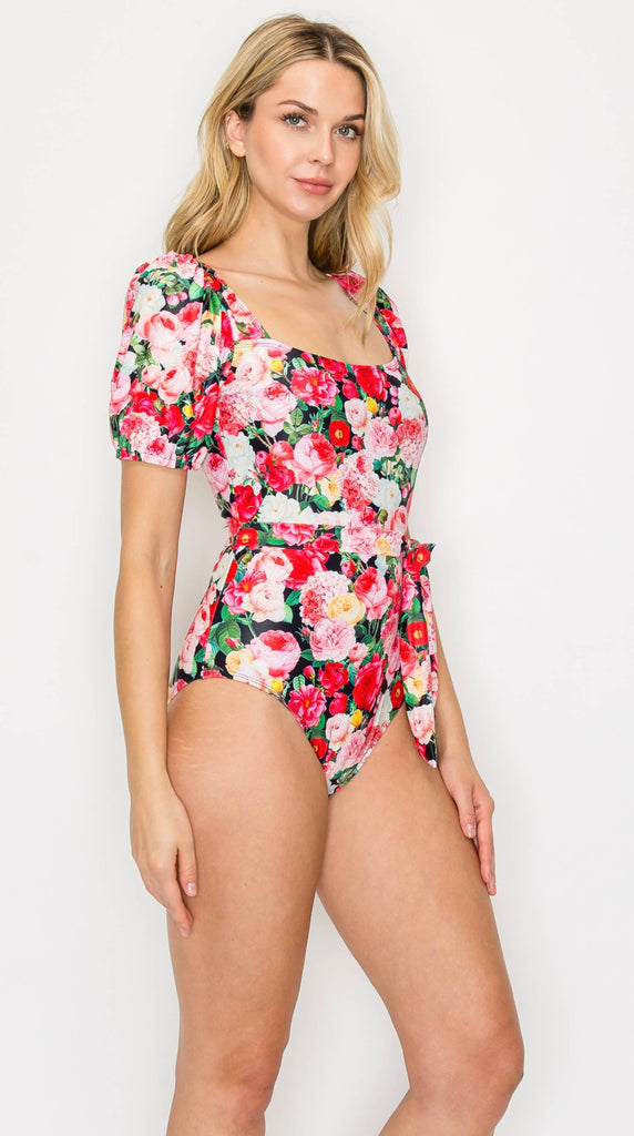 Puff Sleeve Swimsuit: Roses
