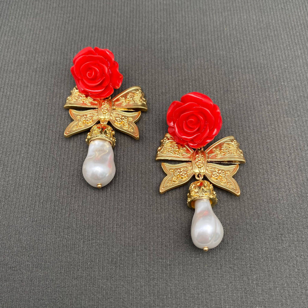 Vintage Golden Bow Rose Earrings