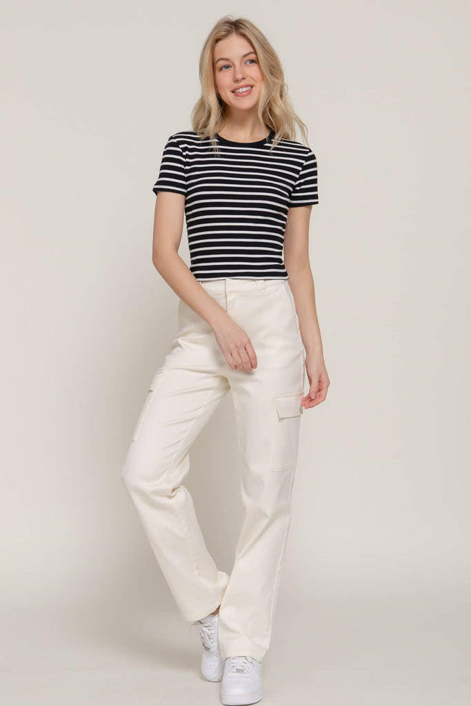 Rib Crew Neck Striped Top