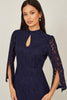 Lace Fitted Midi Dress With Flute Sleeves: Navy