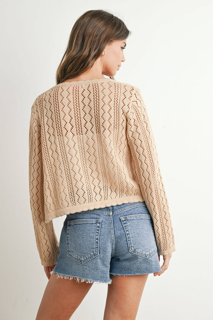 Cotton Crochet Tie-Front Cardigan: Taupe