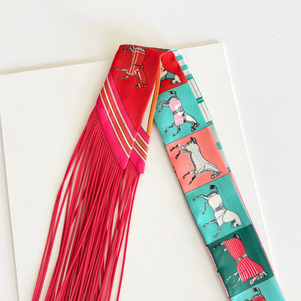 Fringe Twilly Scarf Horse Pattern Red and Teal