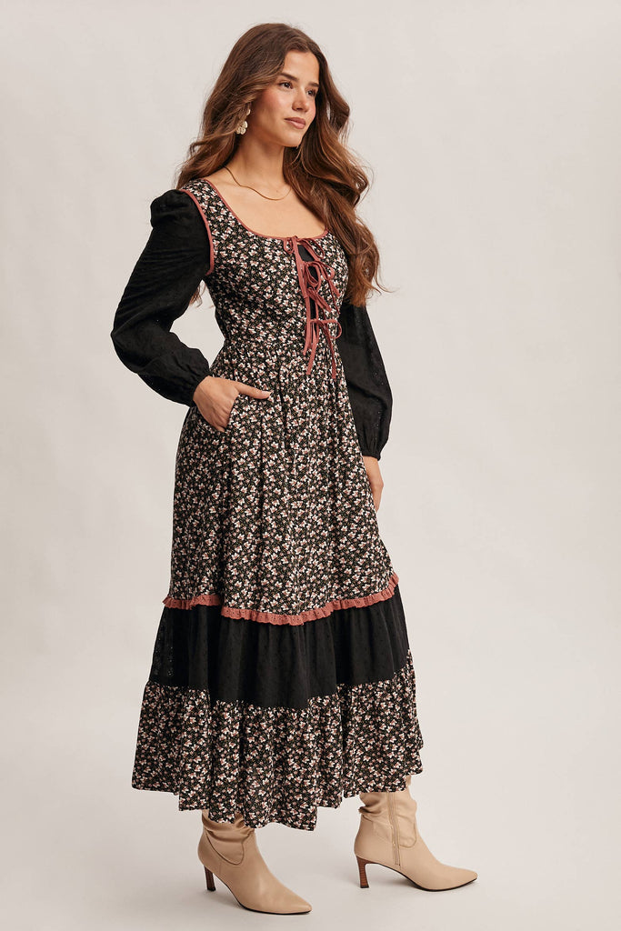 Floral Patchwork Lace-Up Maxi Dress