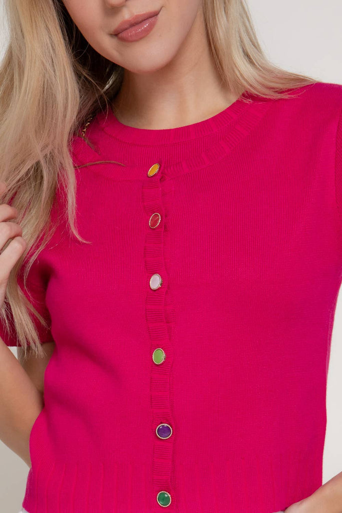 Short Sleeve Rainbow Button Cardi: Fuschia