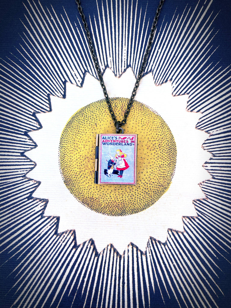 Book Locket Necklace - Alice In Wonderland - Grey: Bronze