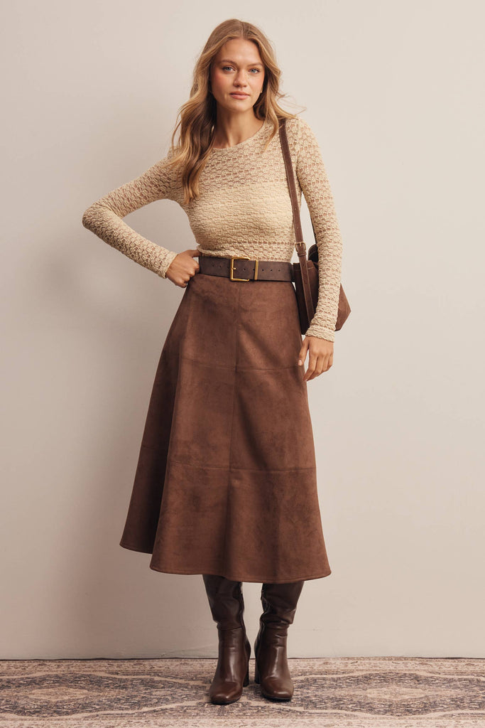 Stretch Suede A-Line Midi Skirt: Mocha
