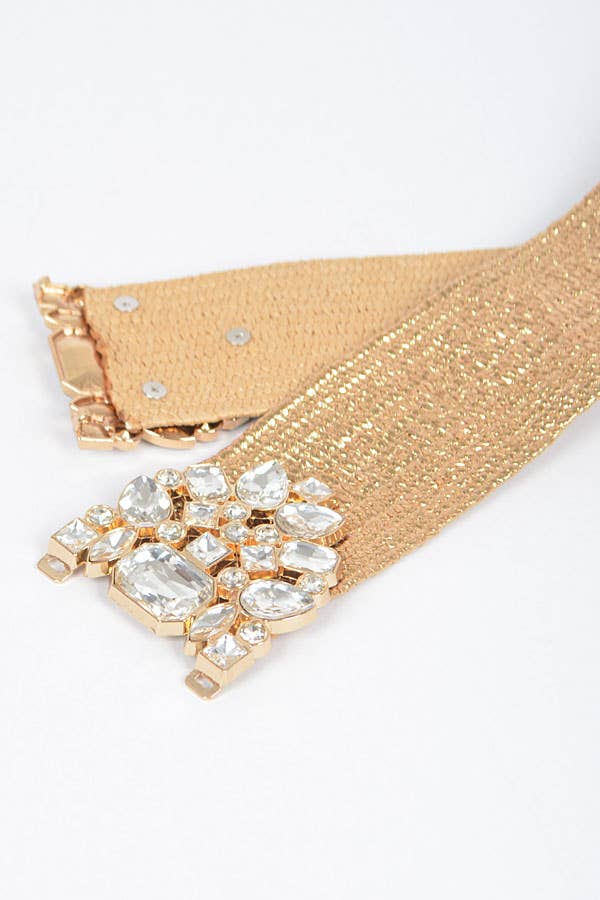 Rhinestone Metallic Straw Stretch Belt: Silver