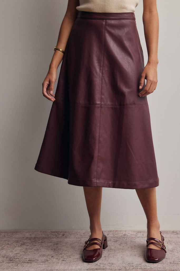 Faux Leather A-Line Midi Skirt: Burgundy