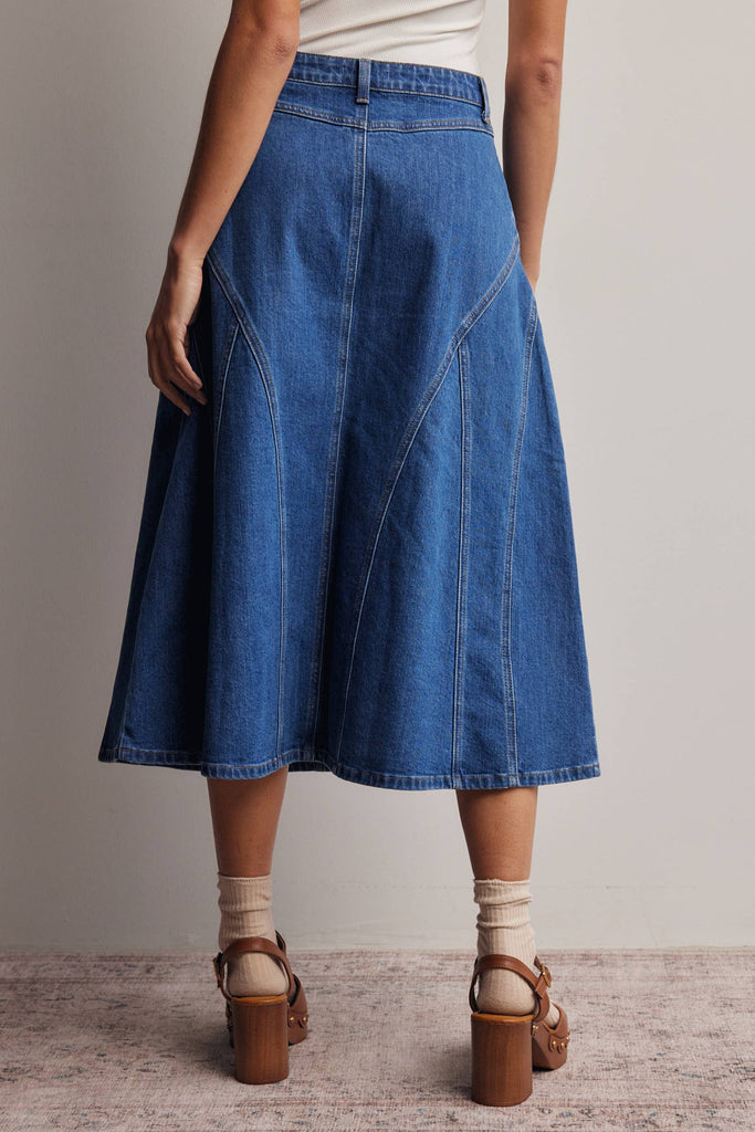 Paneled A-Line Stretch Denim Skirt