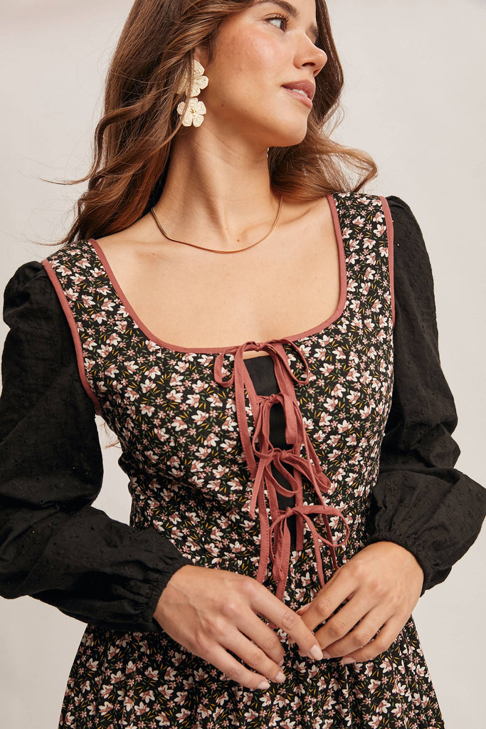 Floral Patchwork Lace-Up Maxi Dress