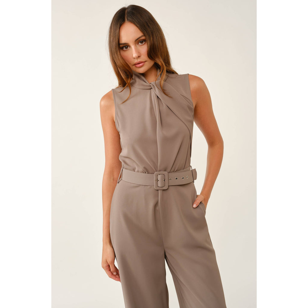 Rich Rust Sleeveless Belted Jumpsuit: