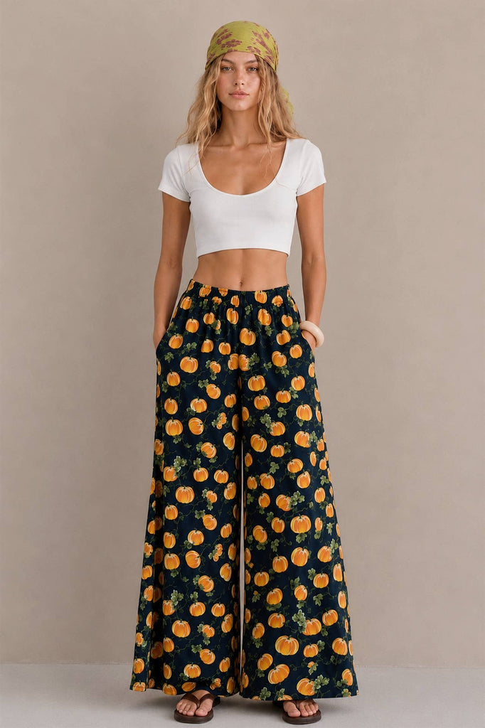Pumpkin Print Wide Leg Pants