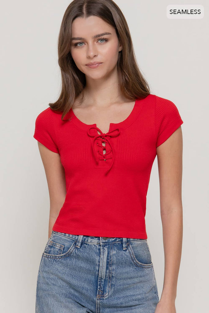 Lace-Up Waffle Knit Tee: Red