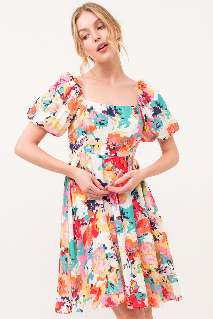 Floral Bubble Sleeve Dress - ONLY 3X