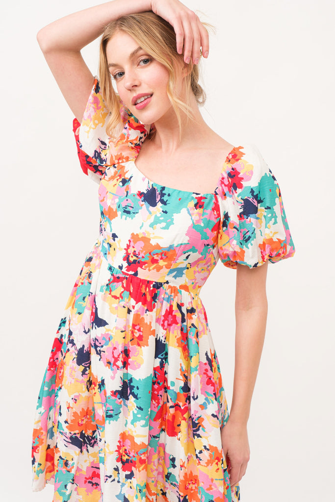 Floral Bubble Sleeve Dress - ONLY 3X