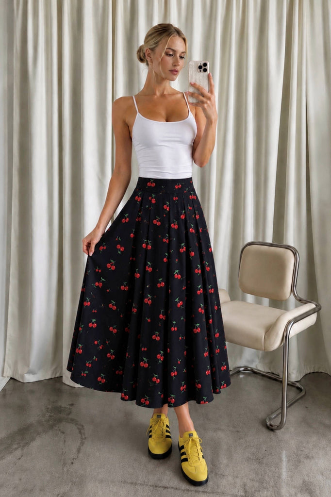 Cherry Flare Midi Skirt
