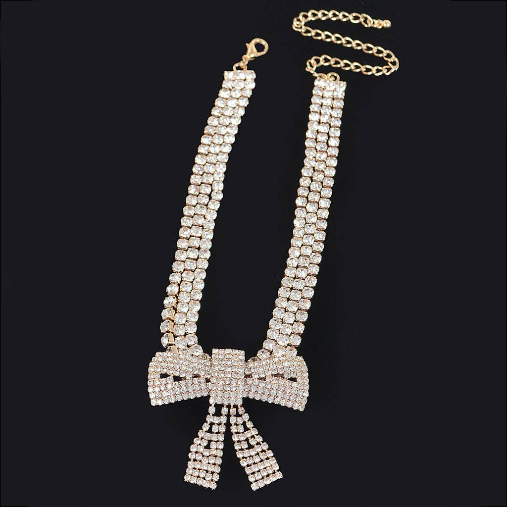 Rhinestone Bow Choker: Gold