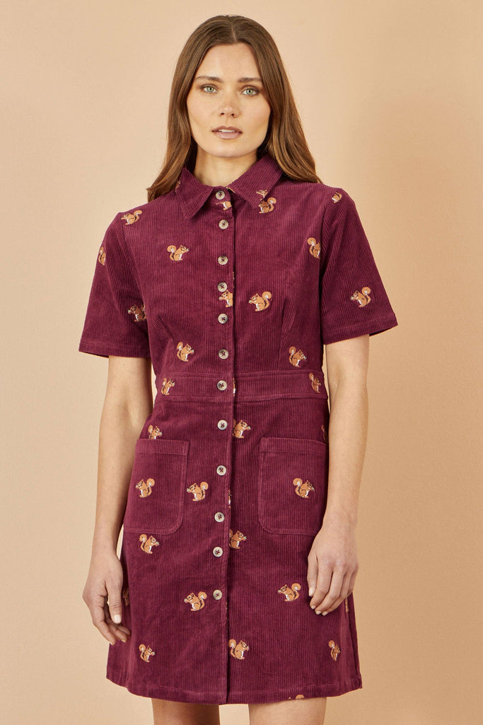 Cord Shirt Dress With Squirrel Embroidery