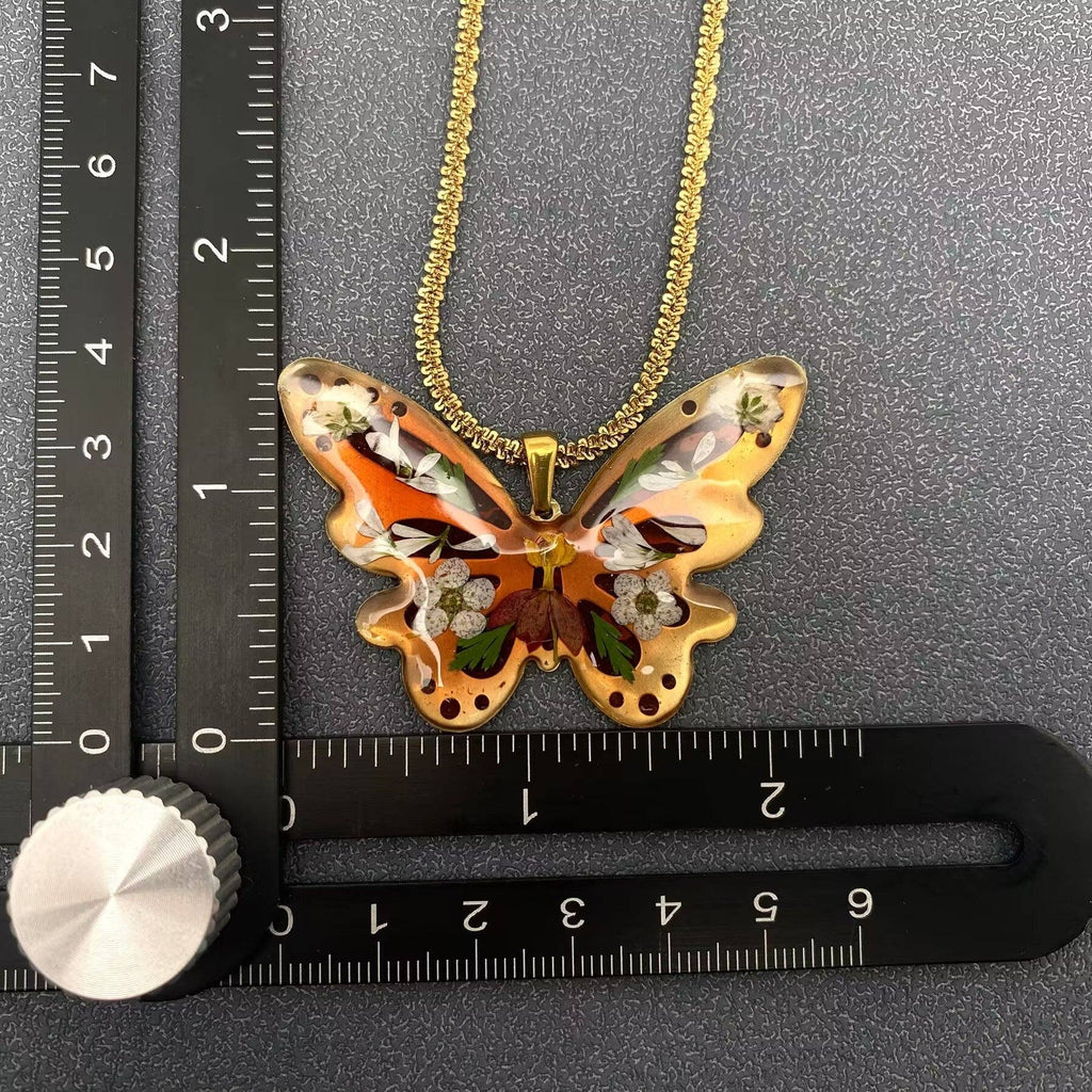 Dried Flower Brass Butterfly 18K Plated Necklace