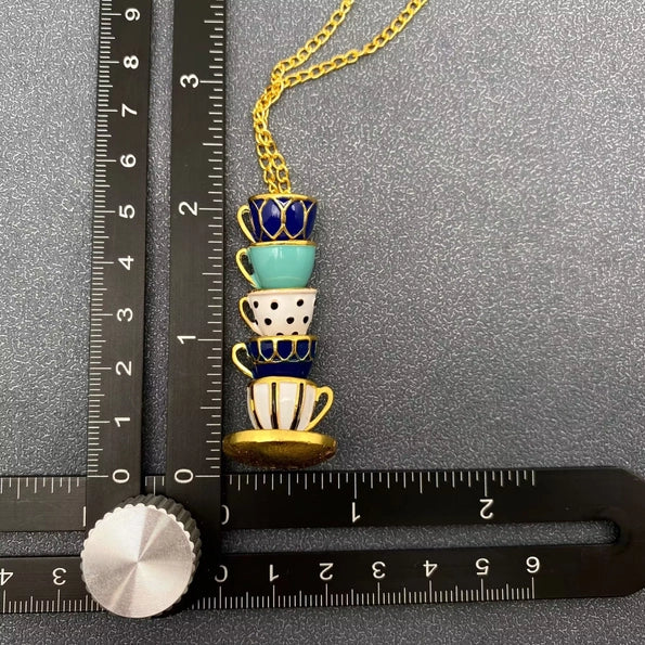 Monochrome Teacups Charm Necklace