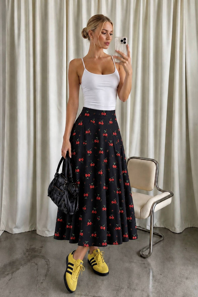 Cherry Flare Midi Skirt