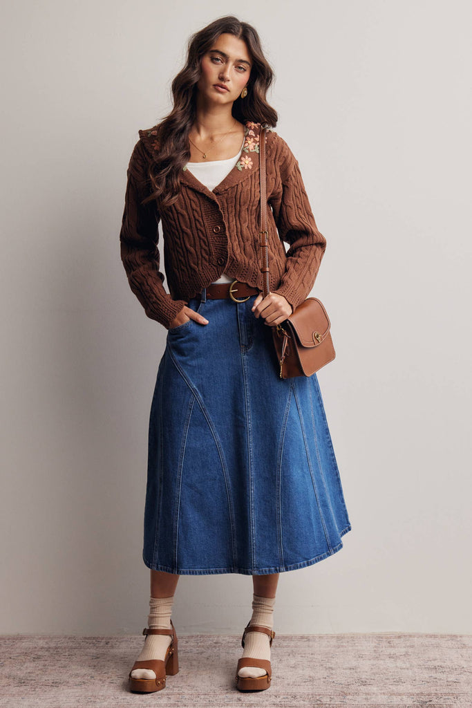 Paneled A-Line Stretch Denim Skirt