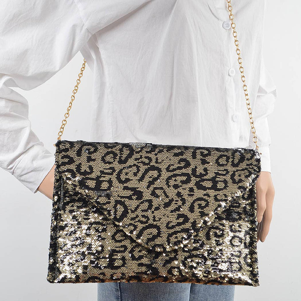 Sequin Leopard Clutch: Gold
