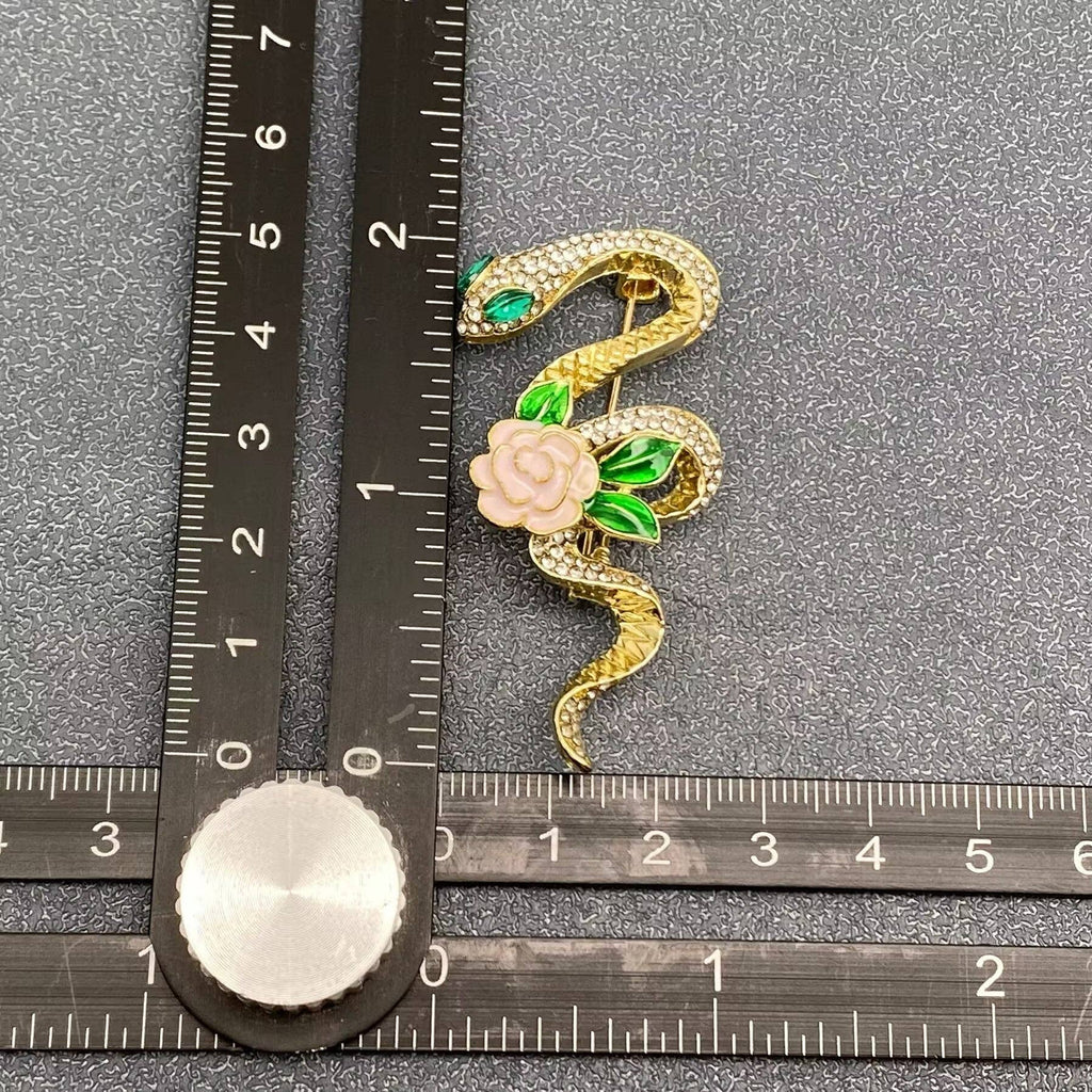 Enamel Rose Rhinestone Snake Brooch
