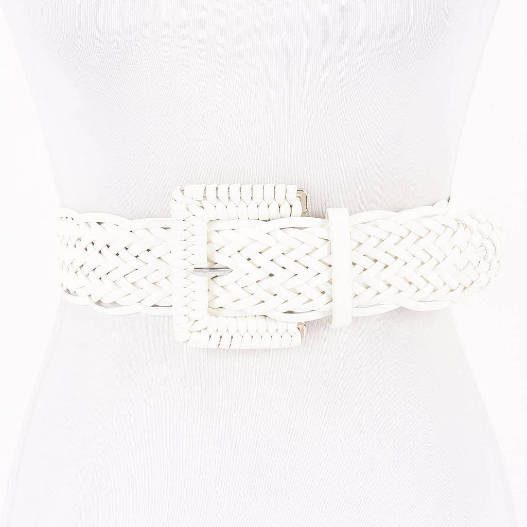 Braided Vegan Leather Buckle Belt: White