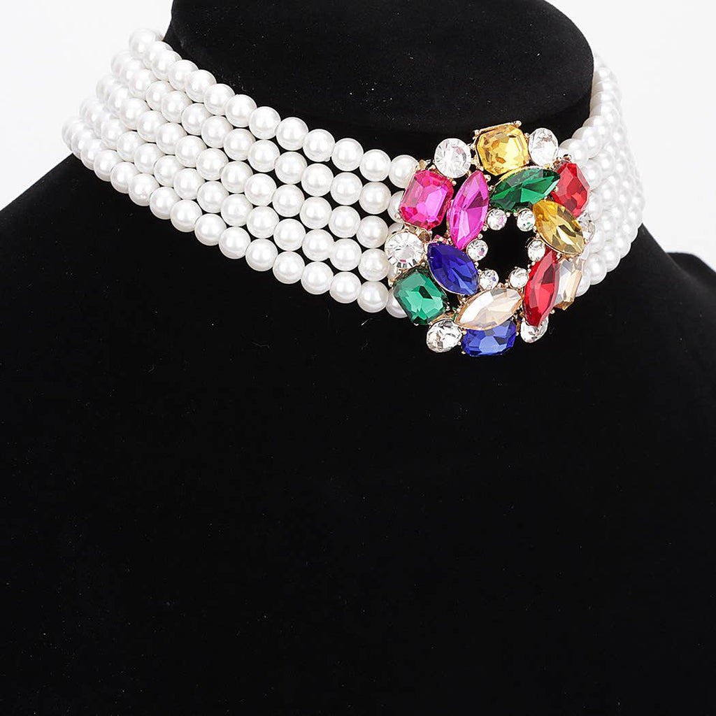 Rainbow Rhinestone Pearl Choker
