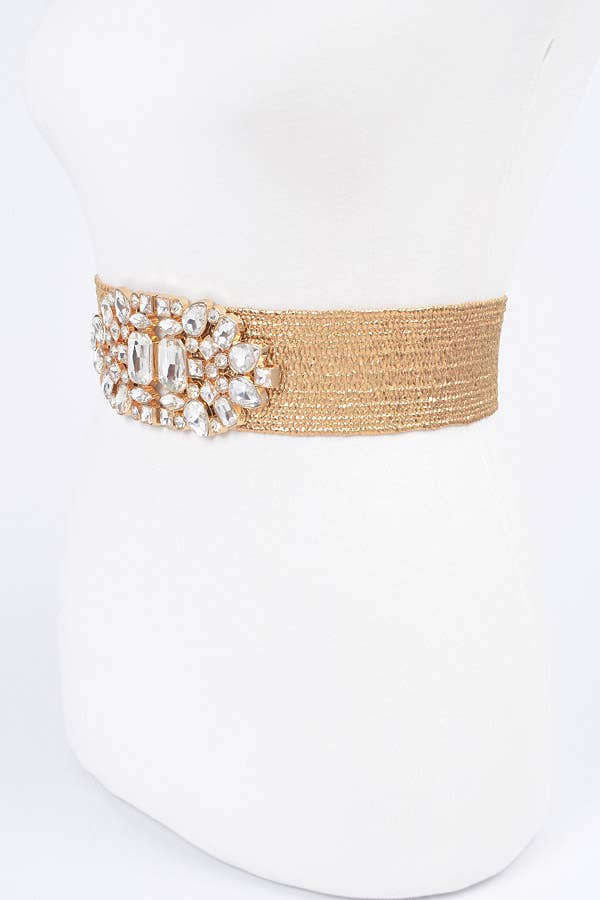 Rhinestone Metallic Straw Stretch Belt: Silver