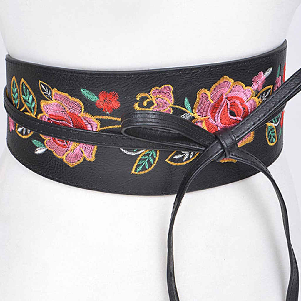 Vegan Leather Embroidered Obi: Garden