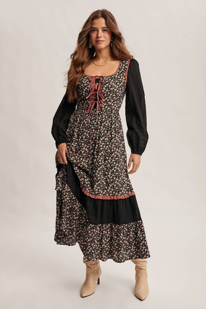 Floral Patchwork Lace-Up Maxi Dress