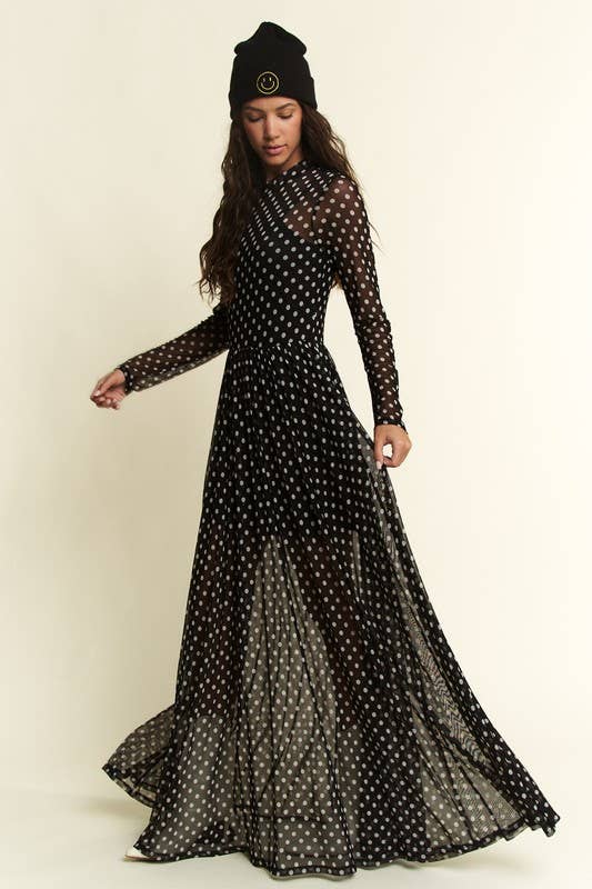 Polka Dot Mesh Maxi Dress