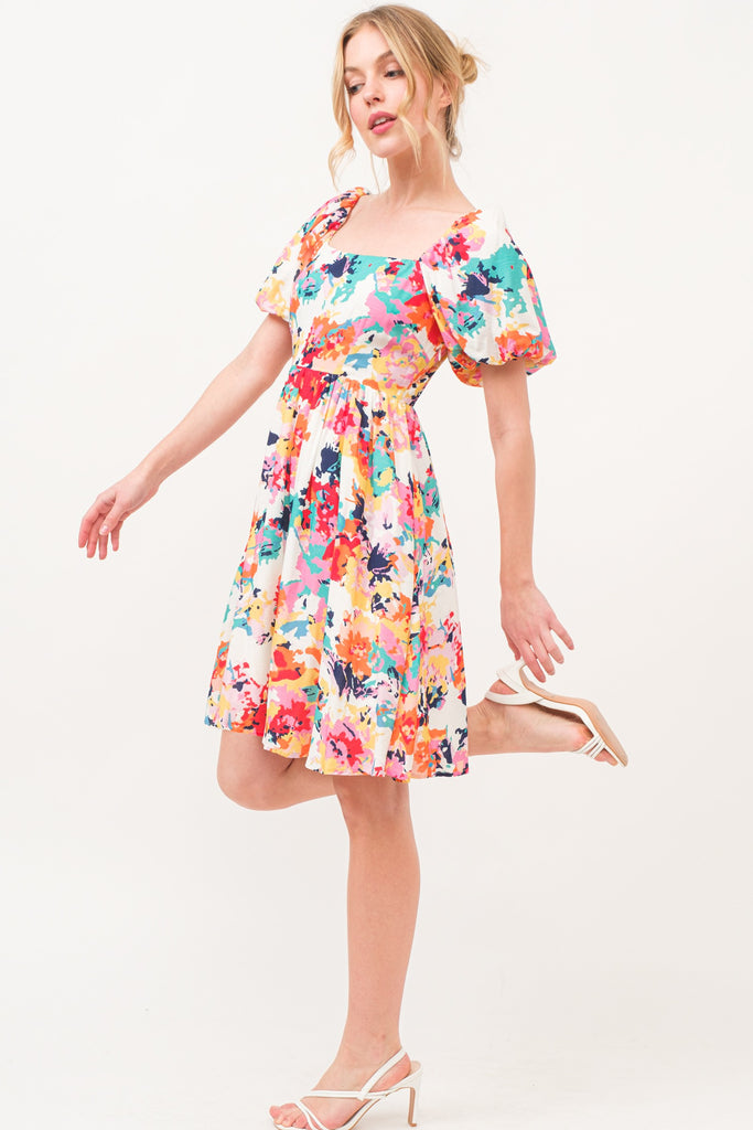 Floral Bubble Sleeve Dress - ONLY 3X