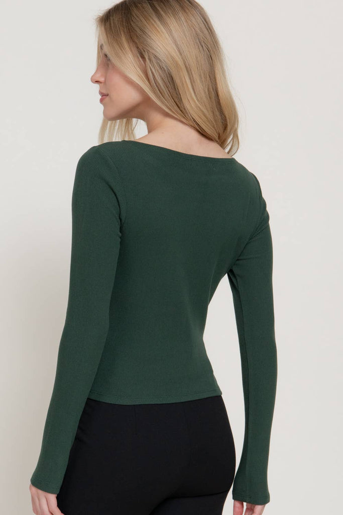 Boat Neck Brushed Rib Knit Top: Forest