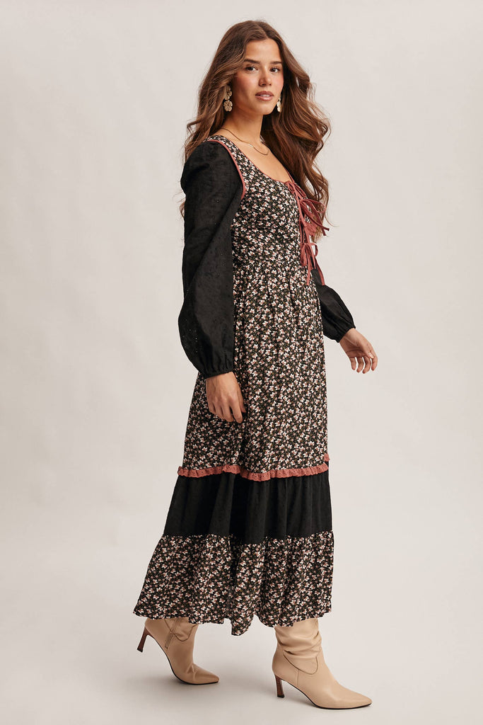 Floral Patchwork Lace-Up Maxi Dress