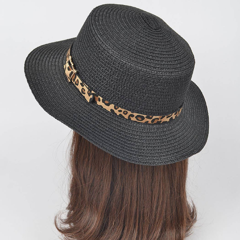 Faux Straw Hat W/Leo Band: Black