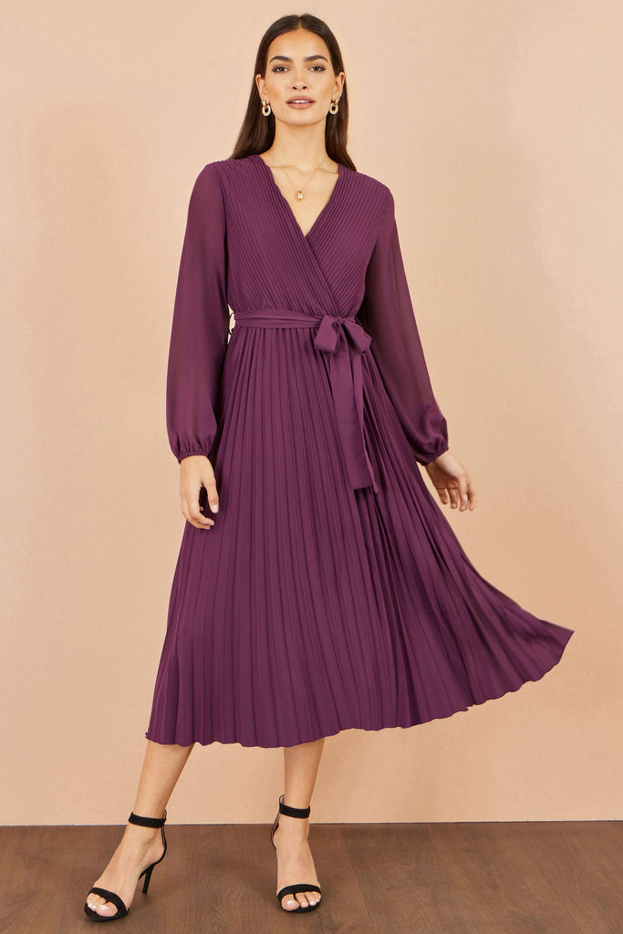 Purple Pleated Wrap Midi Dress