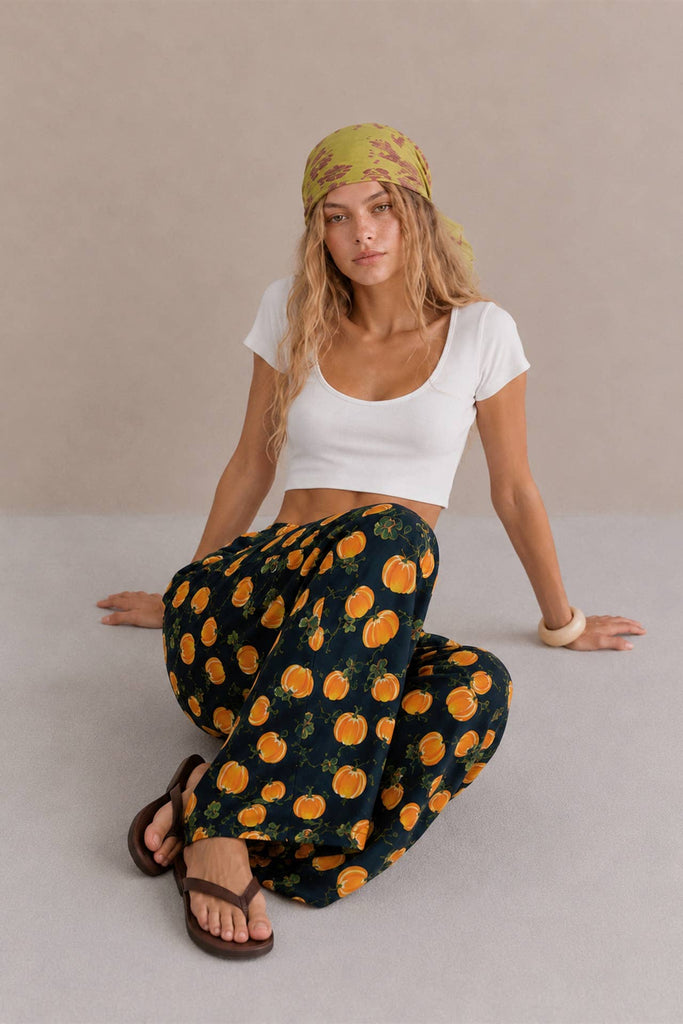 Pumpkin Print Wide Leg Pants