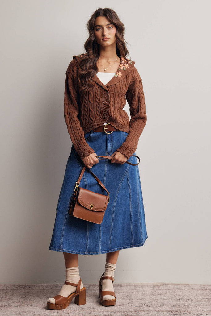 Paneled A-Line Stretch Denim Skirt