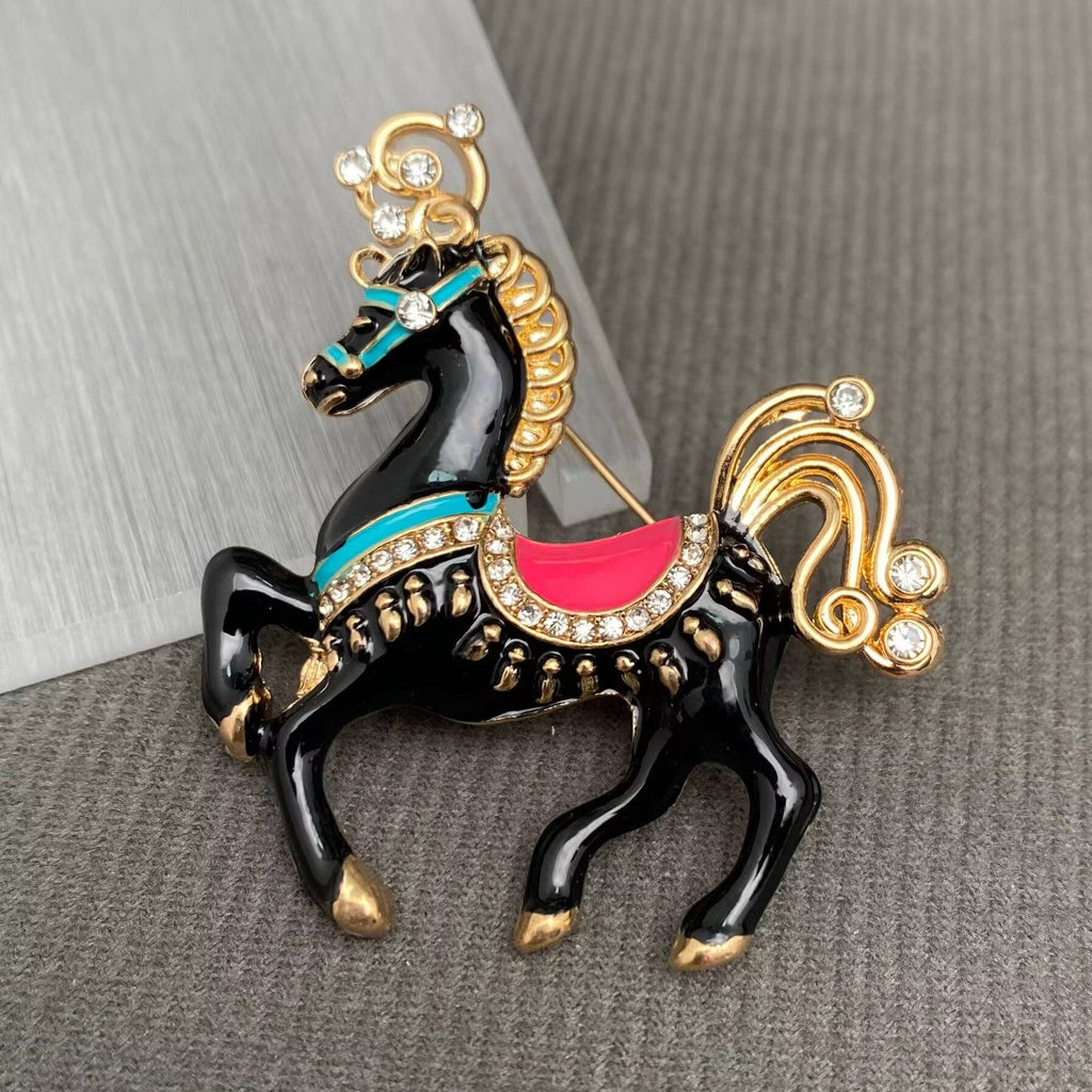 Rhinestone Enamel Horse Brooch: Green