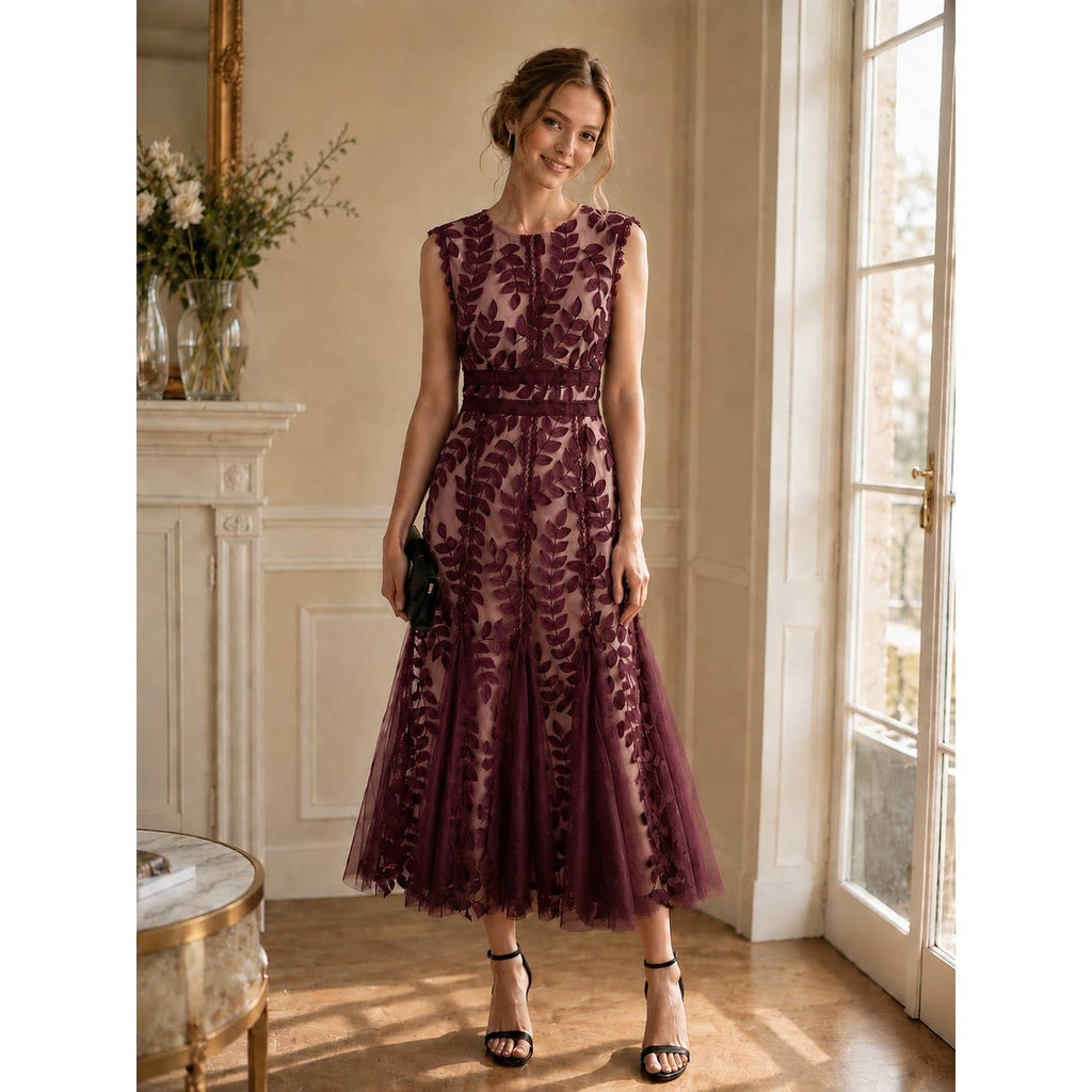 Ethereal Botanical Wine Lace Dress