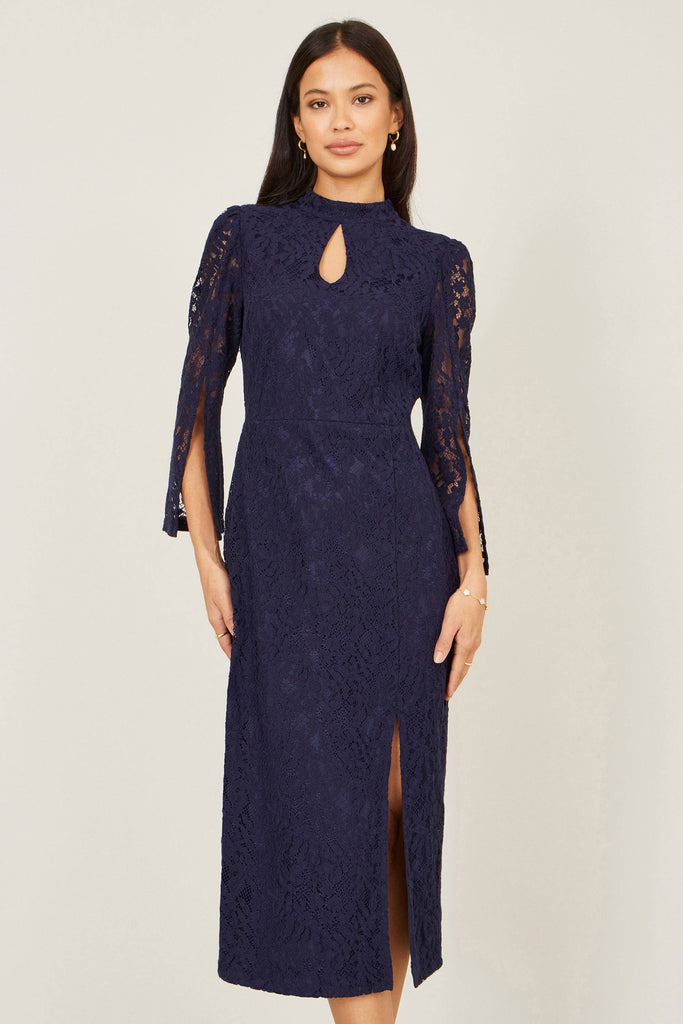 Lace Fitted Midi Dress With Flute Sleeves: Navy
