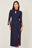 Lace Fitted Midi Dress With Flute Sleeves: Navy
