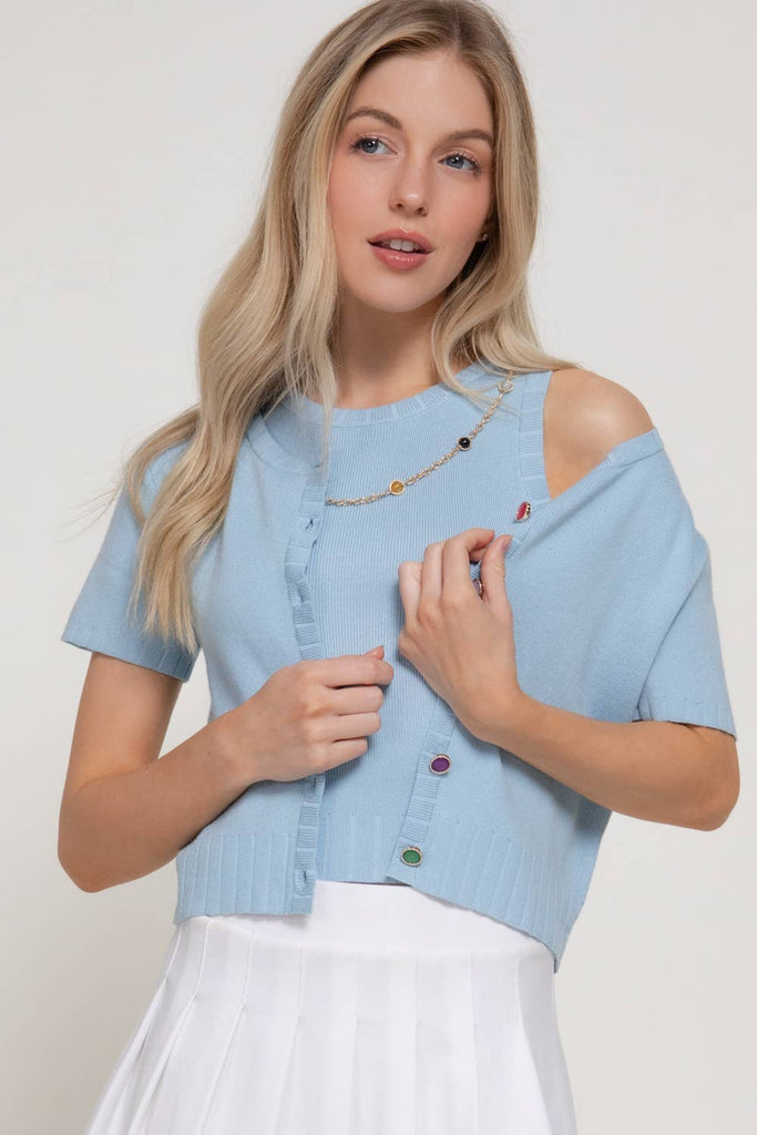 Short Sleeve Rainbow Button Cardi: Soft Blue